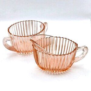 Vintage Hocking Glass Pink Queen Mary Ribbed Creamer & Open Sugar Set Depression